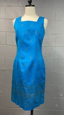 Vintage 90s Cerulean Blue Sleeveless Sheath Dress w/ Gold Henna Print SZ 6